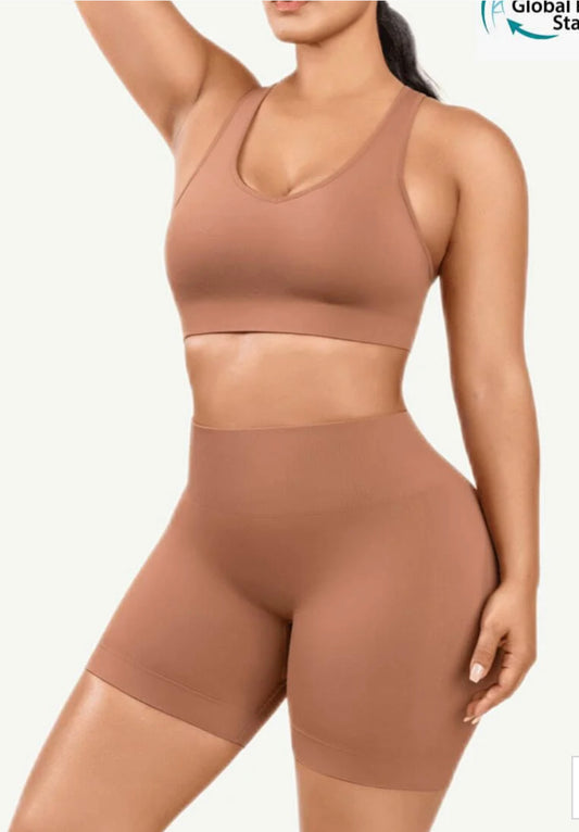 Sexy V Neck Seamless Sportswear Biker Shorts Set