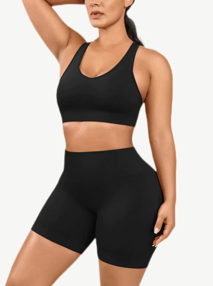 Sexy V Neck Seamless Sportswear Biker Shorts Set