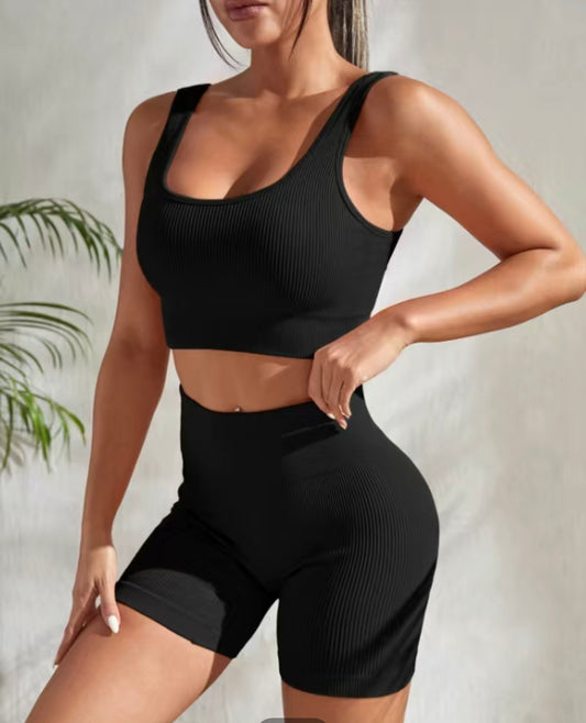 2pcs Ribbed Knitted Yoga Suits, Sleeveless Sports Bra & High Waist Shorts Suits, Women's Activewear